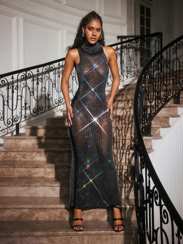 Abetzi Sleeveless Rhinestone Mesh Maxi Dress sold by Mew Mews