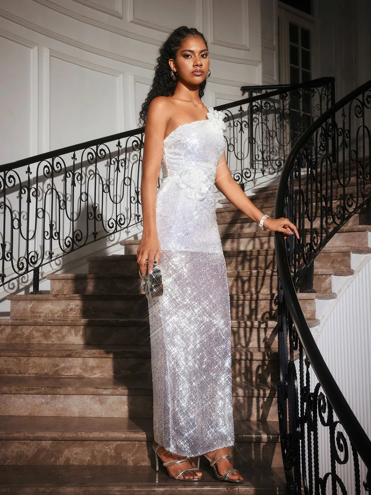 Abbie One Shoulder Flower Sequin Maxi Dress sold by Mew Mews product image thumbnail 4