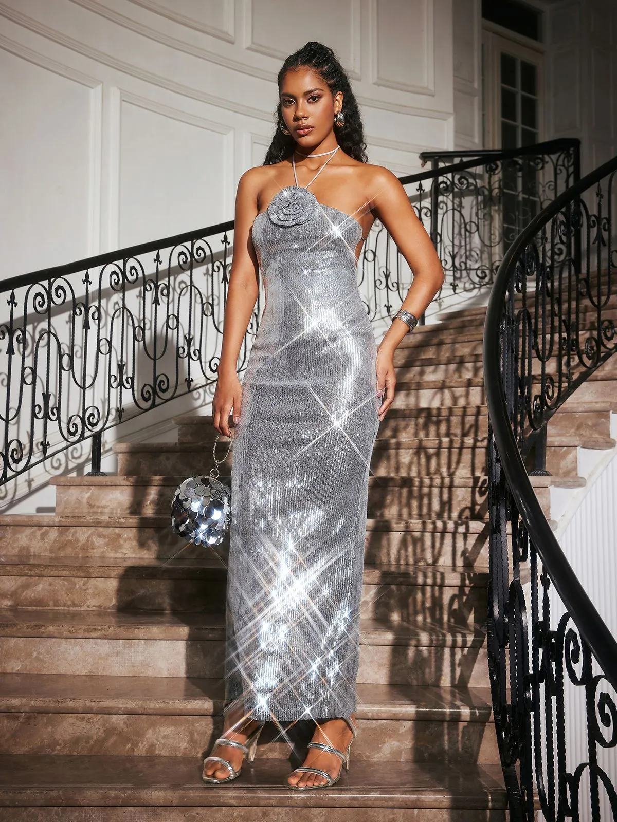 Aamina Halterneck Flower Sequin Maxi Dress sold by Mew Mews product image thumbnail 4