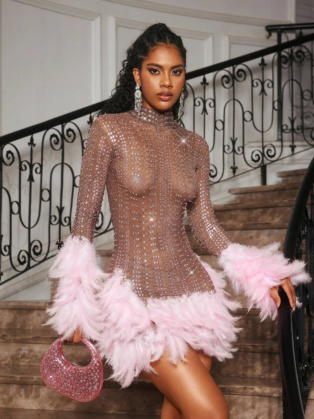 Braylene Rhinestone Feather Trimmed Mini Dress sold by Mew Mews