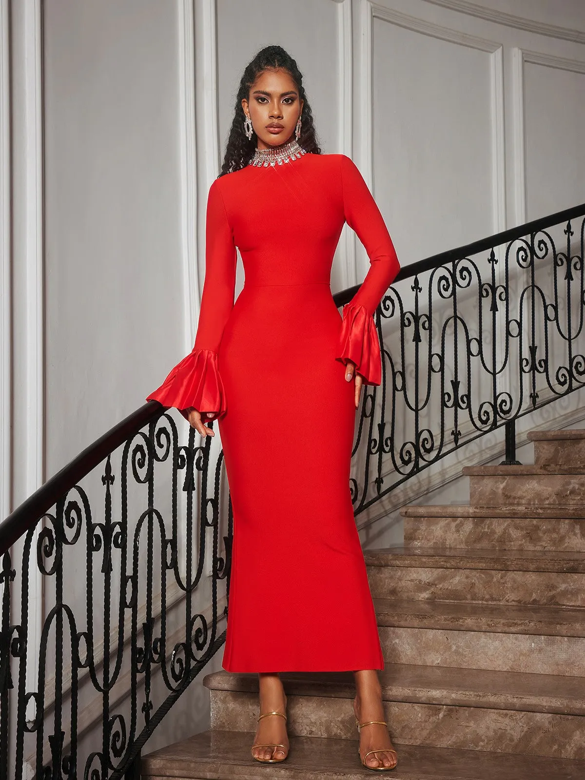 Omer Rhinestone Bandage Dress In Red sold by Mew Mews