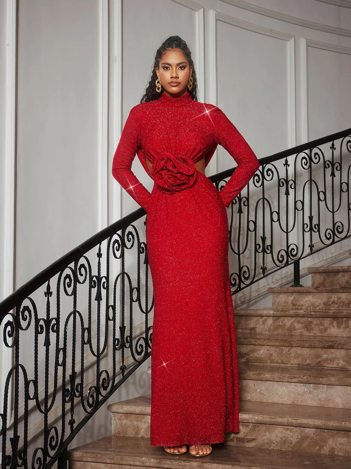 Renwick Long Sleeve Glitter Flower Cutout Dress sold by Mew Mews product image thumbnail 3