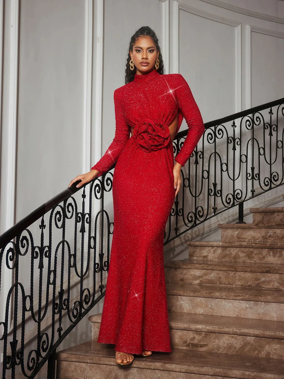 Renwick Long Sleeve Glitter Flower Cutout Dress sold by Mew Mews