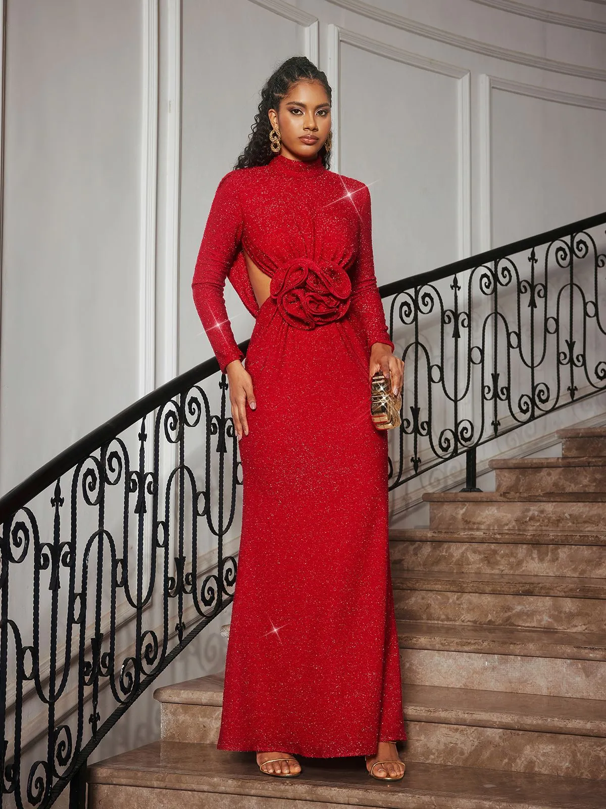 Renwick Long Sleeve Glitter Flower Cutout Dress sold by Mew Mews product image thumbnail 5