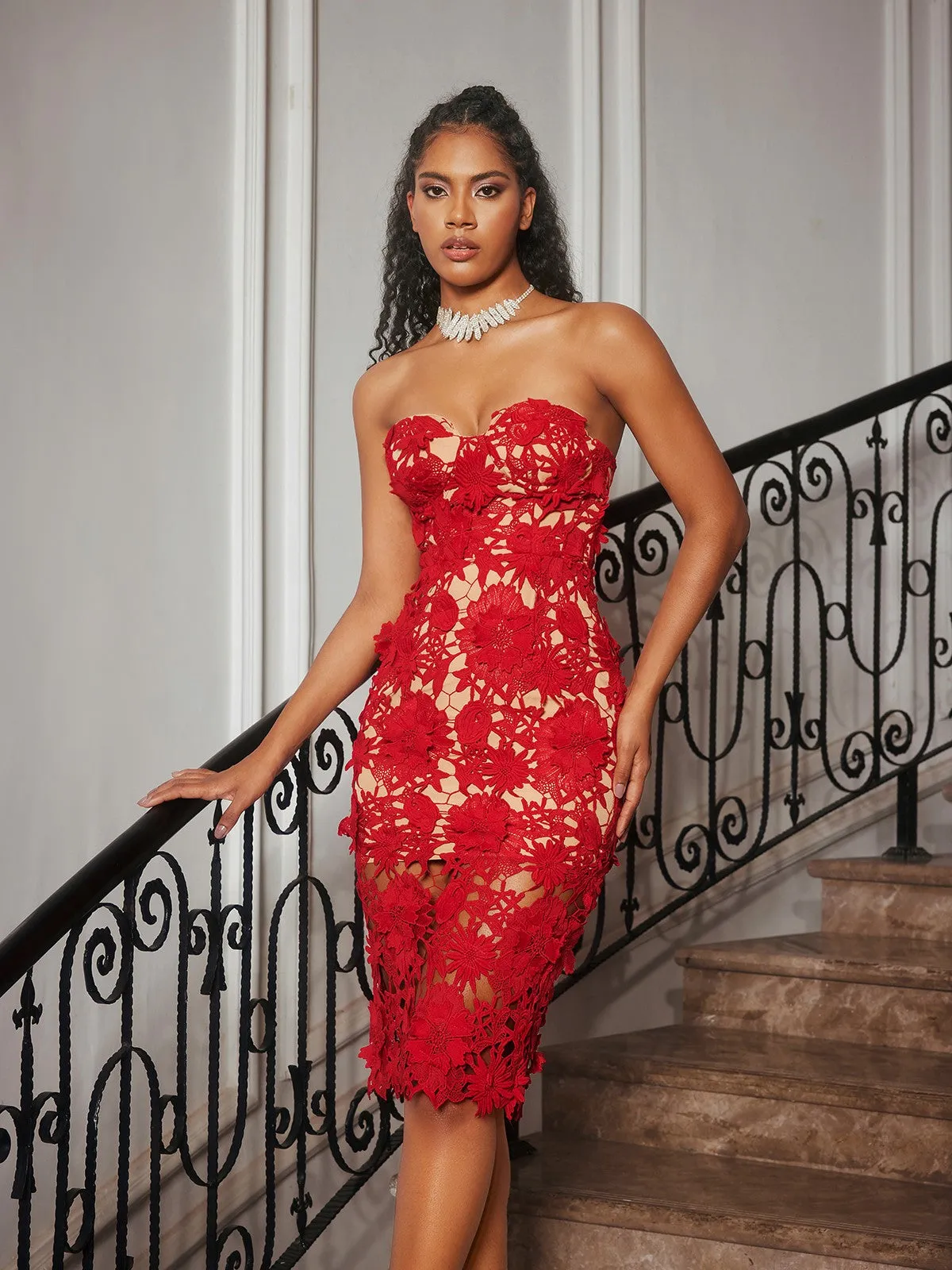 Achsa Strapless Flower Embroidered Midi Dress sold by Mew Mews product image thumbnail 5