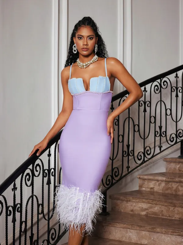 Arife Spaghetti Pearl Feather Bandage Dress sold by Mew Mews