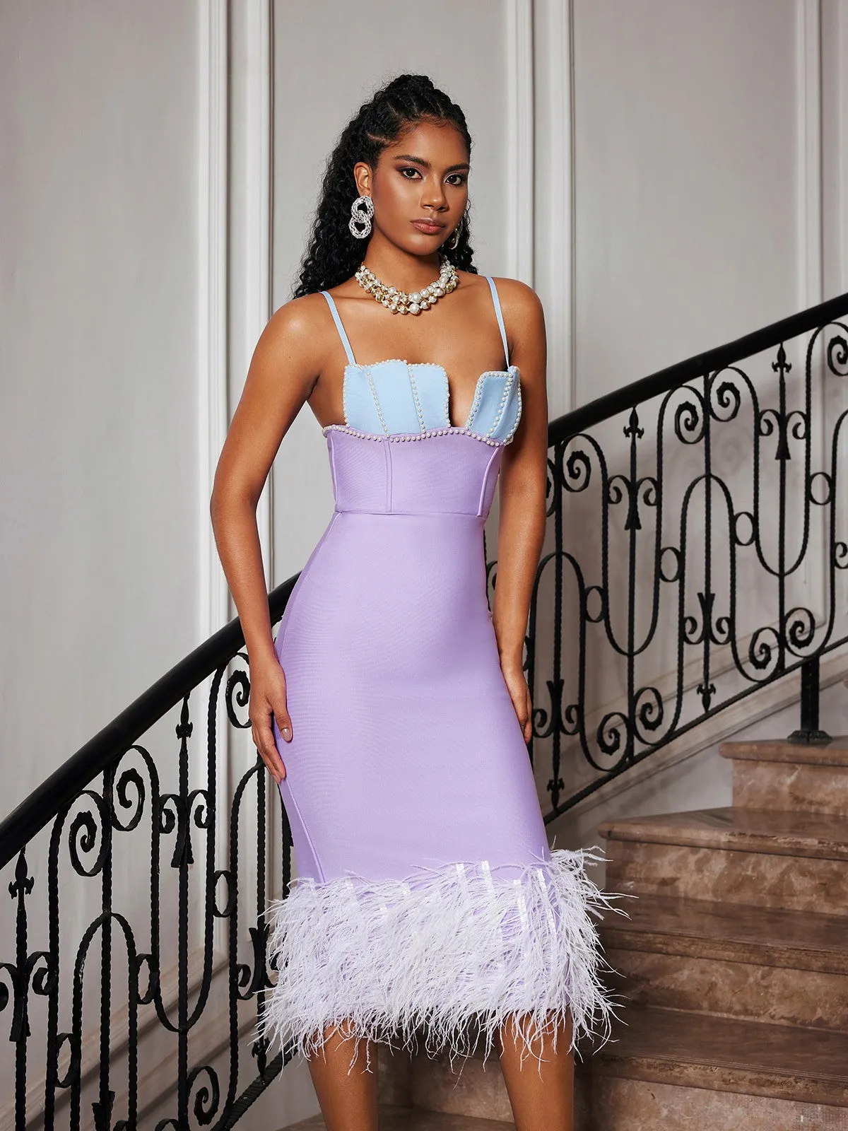 Arife Spaghetti Pearl Feather Bandage Dress sold by Mew Mews product image thumbnail 5