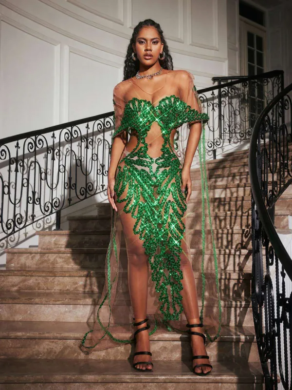 Blondene Cutout Sequin Embellished Maxi Dress made by Mew Mews