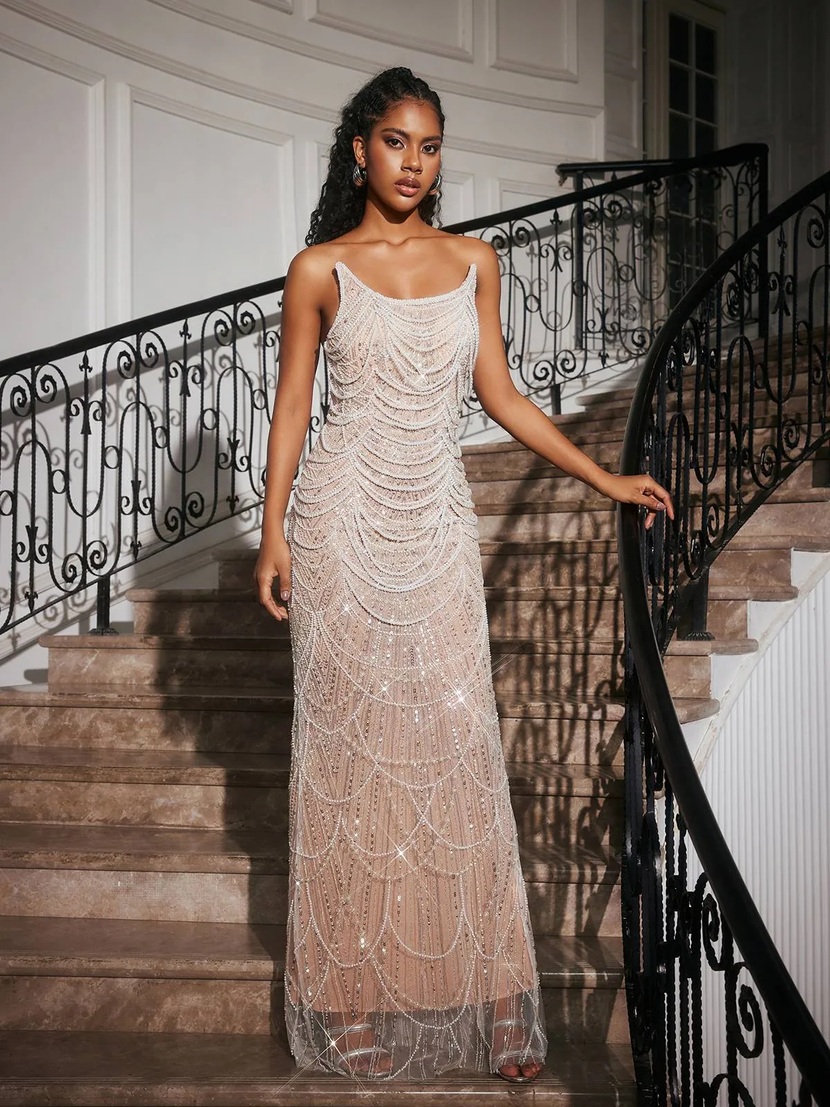 Branddun Strapless Pearl Embellished Maxi Dress sold by Mew Mews