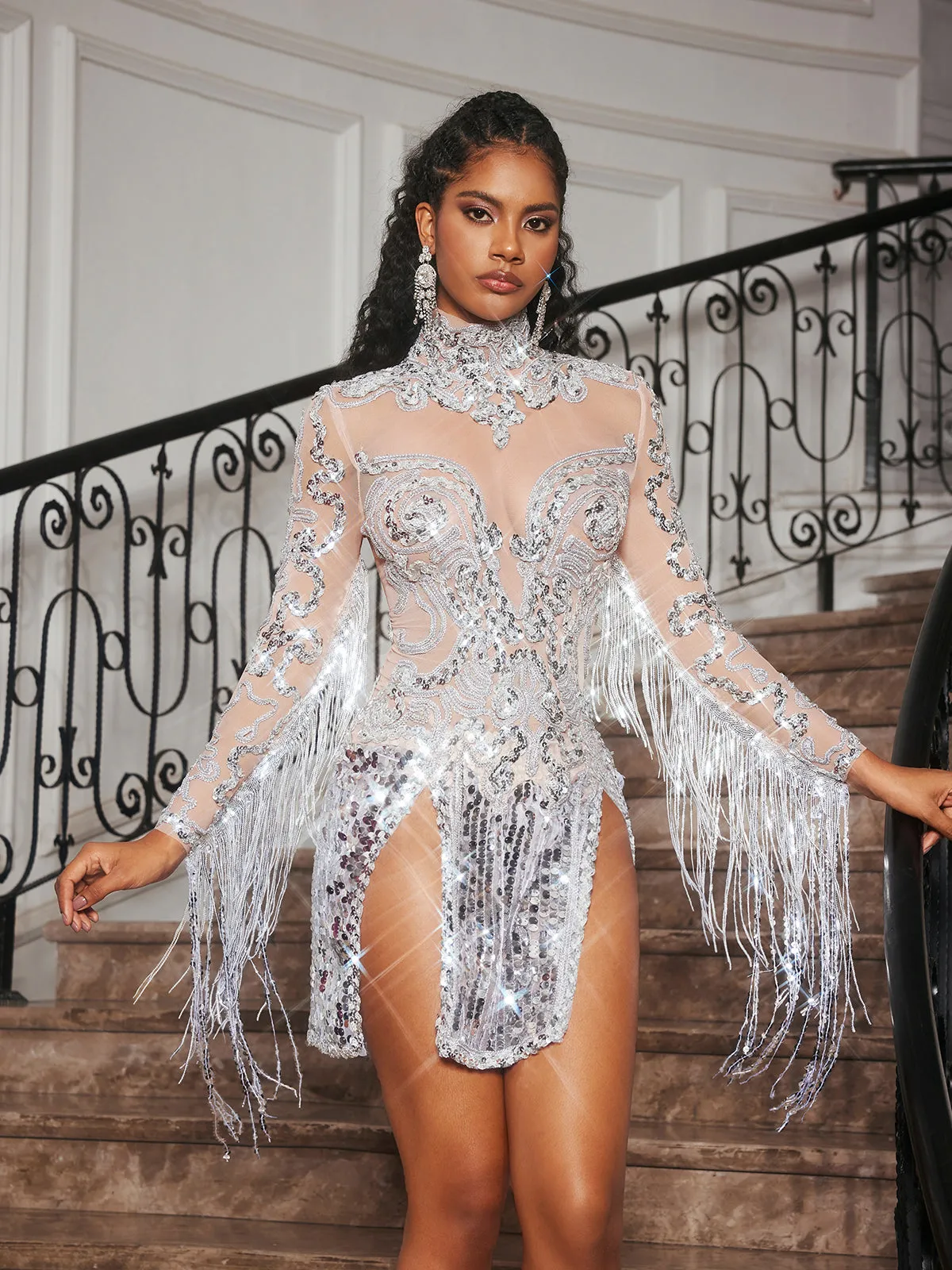 Braychan Embellished Fringe Split Mini Dress In Silver sold by Mew Mews