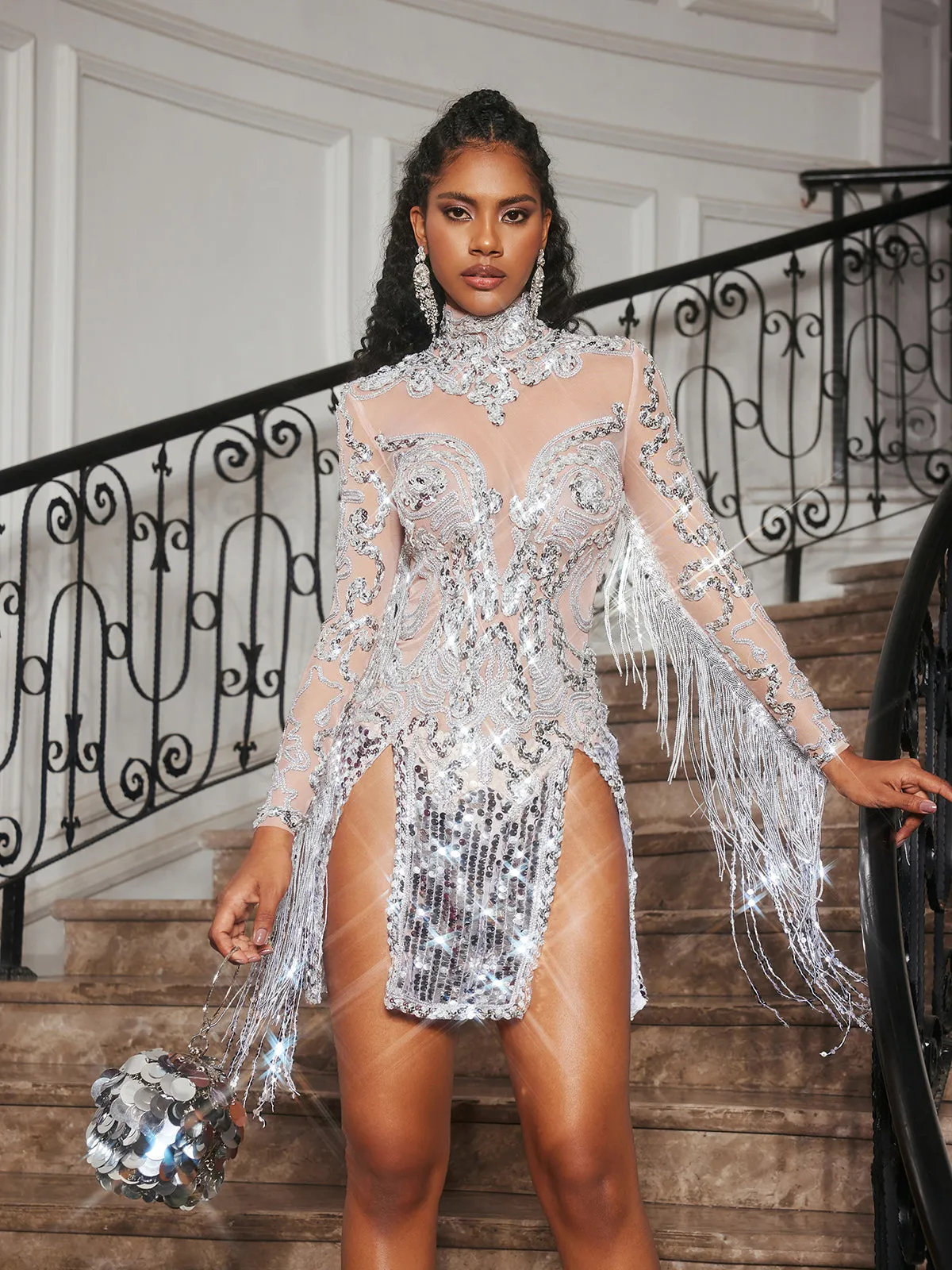 Braychan Embellished Fringe Split Mini Dress In Silver sold by Mew Mews product image thumbnail 5