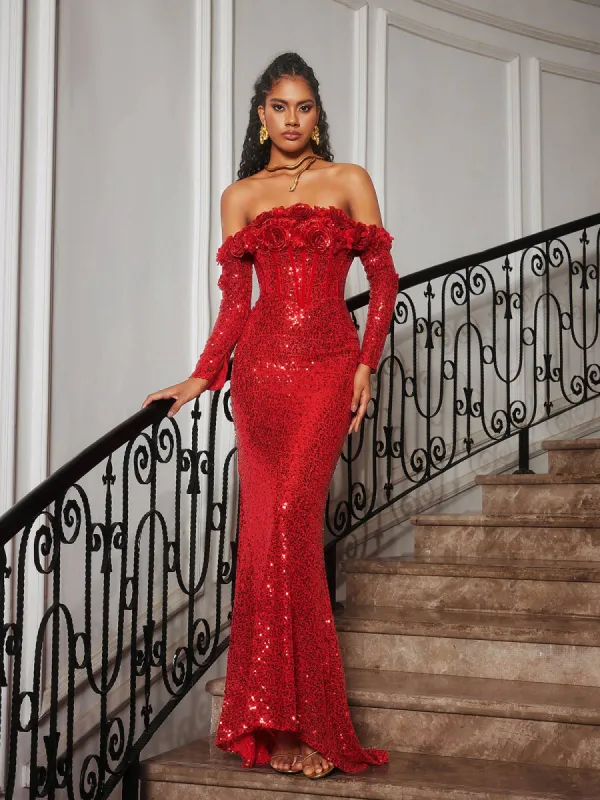 Catherynne Off Shoulder Flower Sequin Maxi Dress sold by Mew Mews