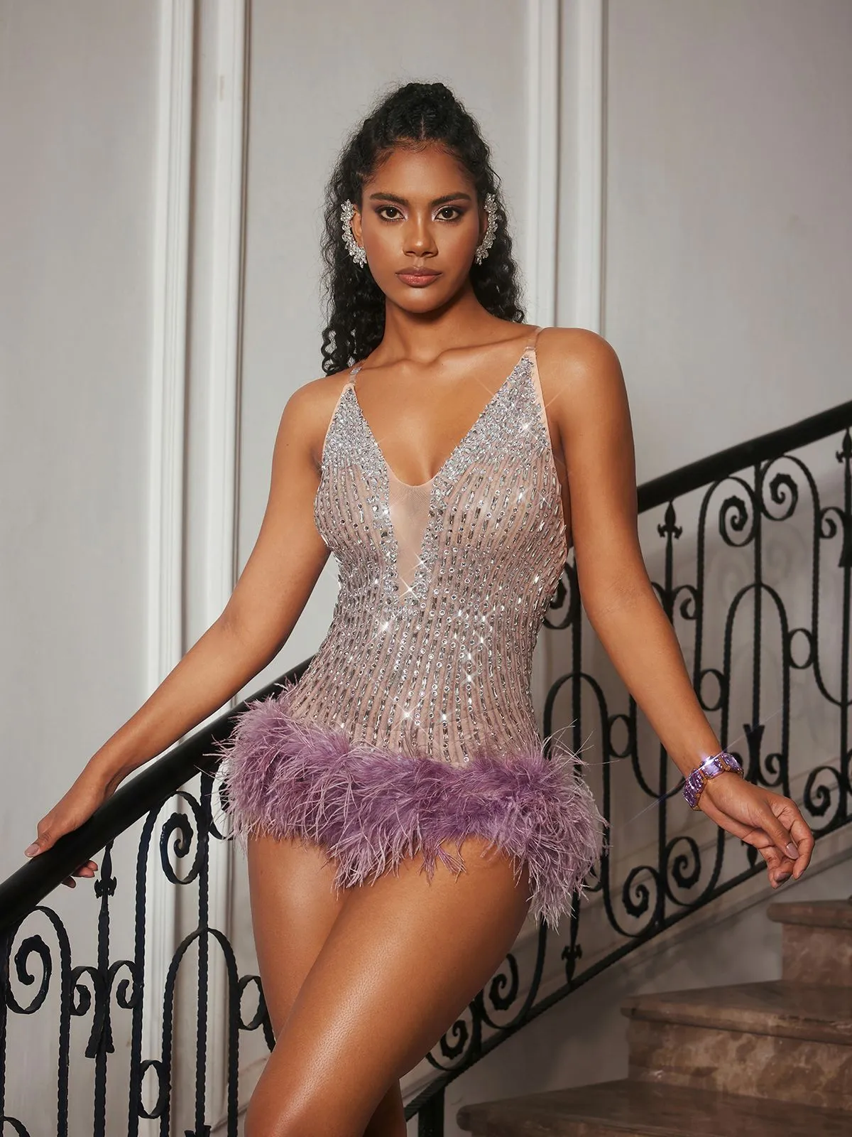 Charsian V Neck Rhinestone Feather Bodysuit sold by Mew Mews