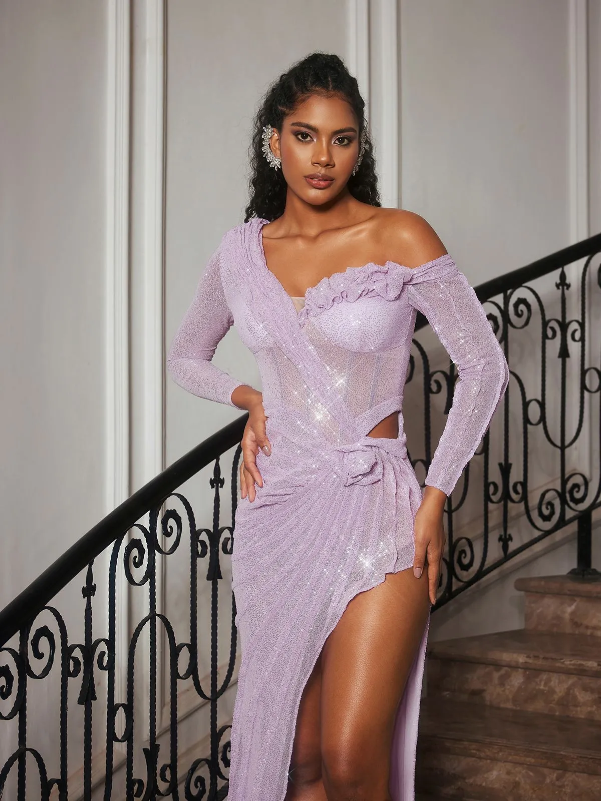 Chaperel Long Sleeve Sequin Split Maxi Dress sold by Mew Mews product image thumbnail 5