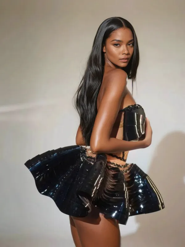 Kretska Crystal Metallic Skirt Set In Black sold by Mew Mews