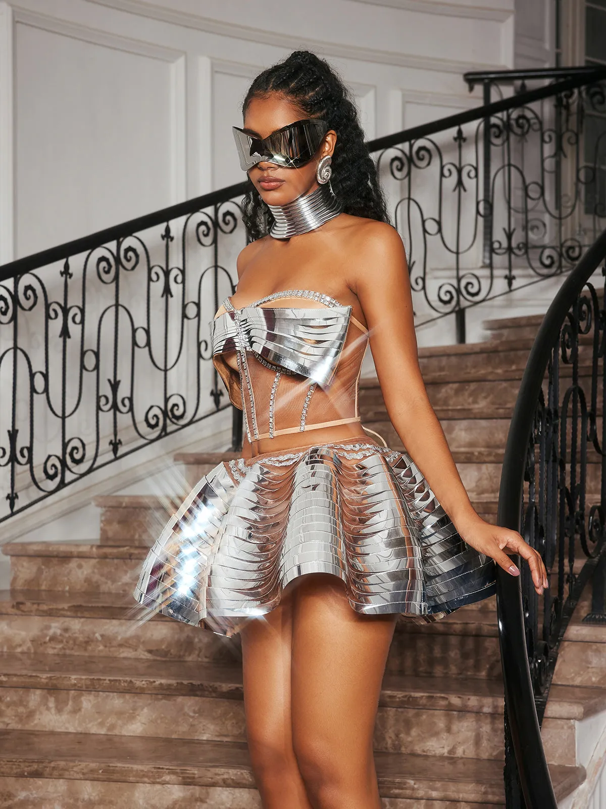 Kretska Crystal Metallic Skirt Set In Silver sold by Mew Mews product image thumbnail 4
