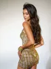 Natane Round Neck Rhinestone Mini Dress In Yellow sold by Mew Mews