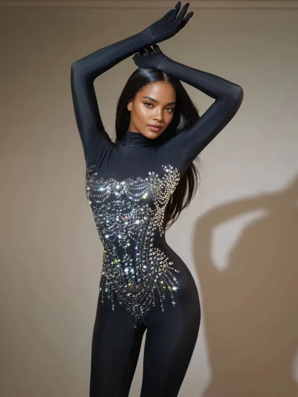 Chesten Long Sleeve Rhinestone Embellished Jumpsuit sold by Mew Mews