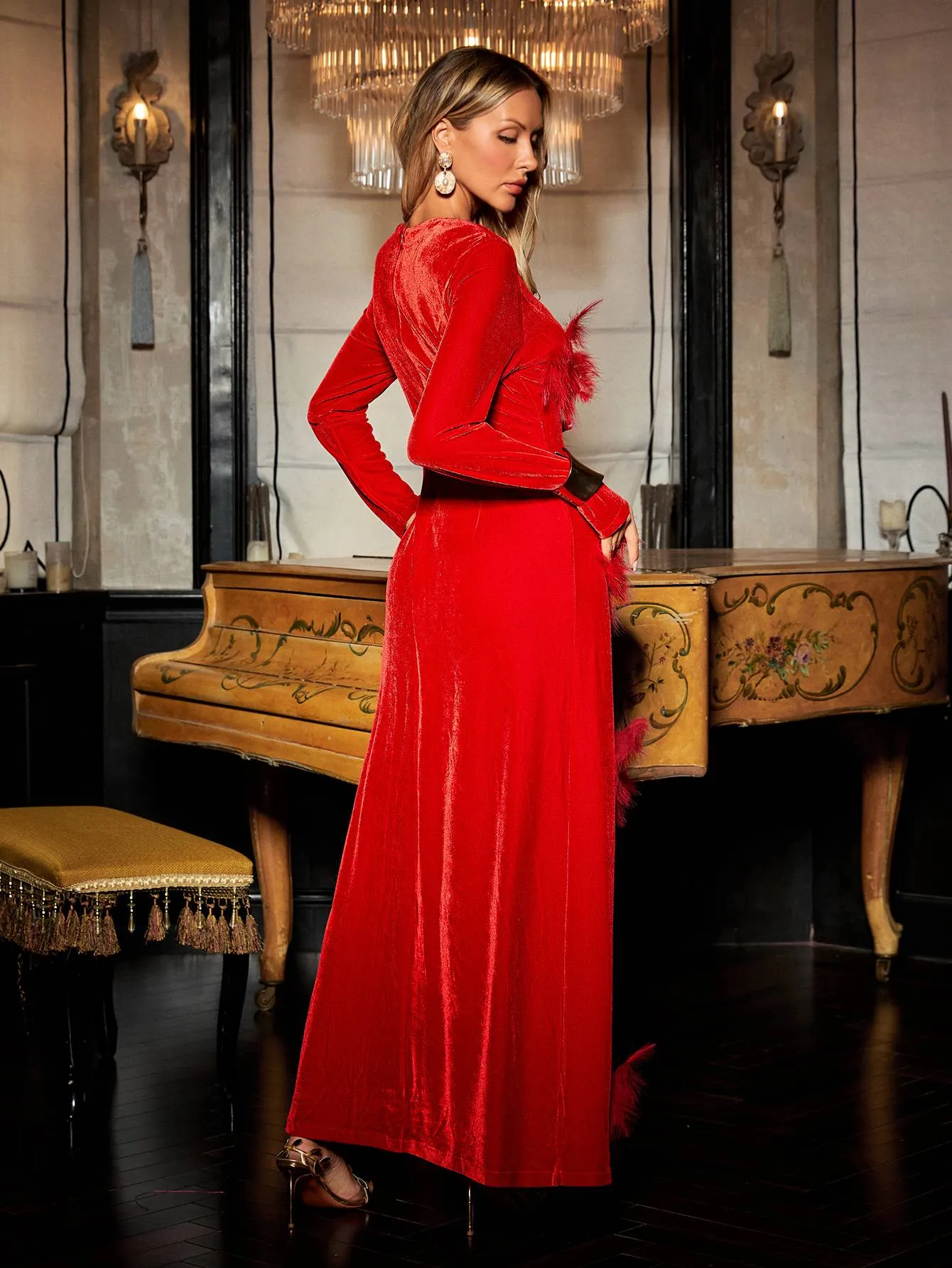 Veena Crystal Feather Trimmed Split Maxi Dress sold by Mew Mews product image thumbnail 2