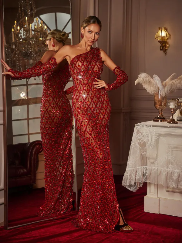 Liora One Shoulder Sequin Crystal Maxi Dress With Gloves In Red sold by Mew Mews