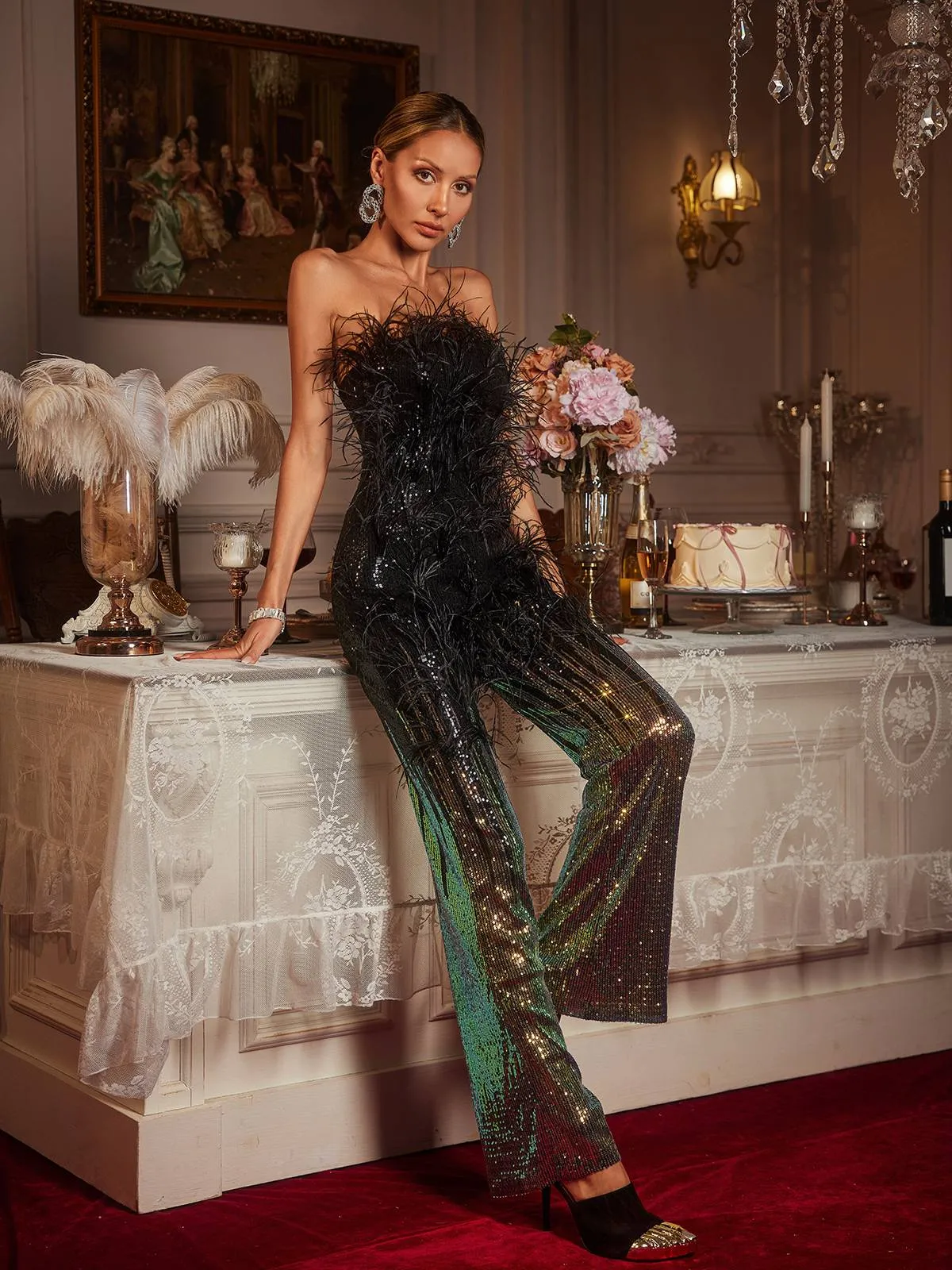 Shiva Ombre Feather Sequin Jumpsuit sold by Mew Mews product image thumbnail 4