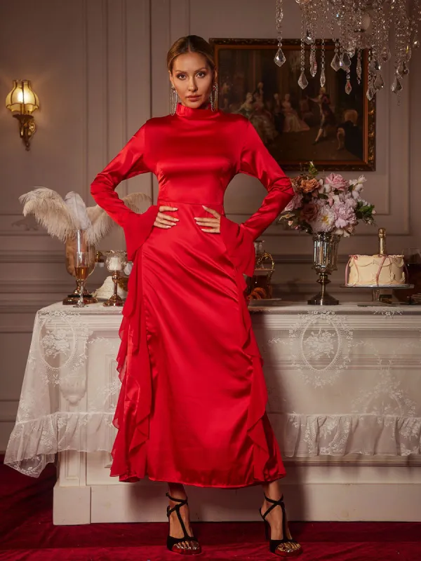 Elizabegh Long Sleeve Ruffle Satin Midi Dress sold by Mew Mews