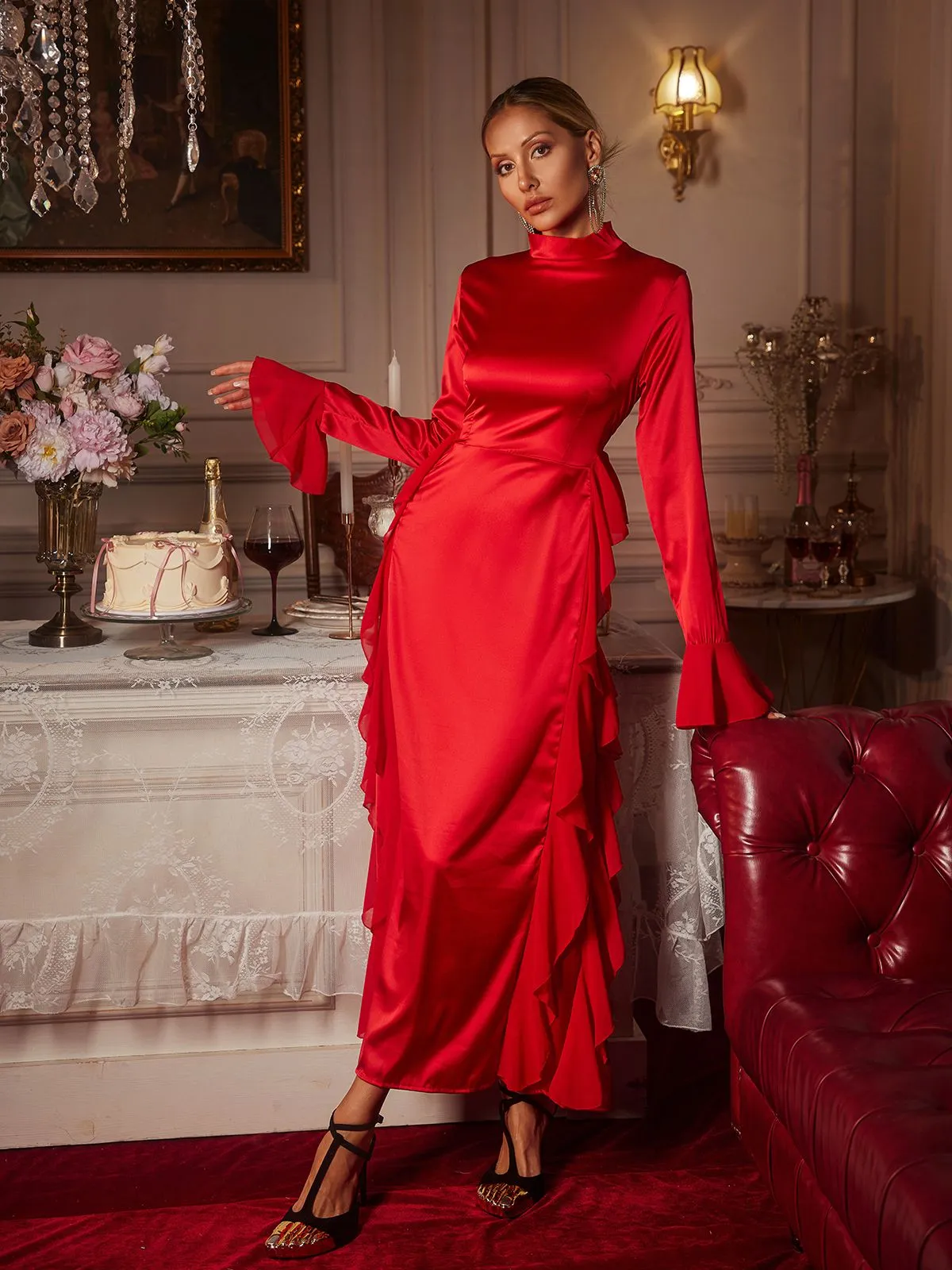 Elizabegh Long Sleeve Ruffle Satin Midi Dress sold by Mew Mews product image thumbnail 5