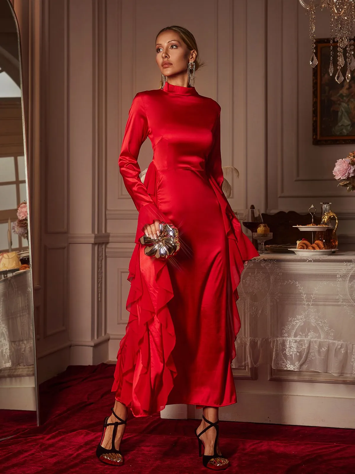 Elizabegh Long Sleeve Ruffle Satin Midi Dress sold by Mew Mews product image thumbnail 4