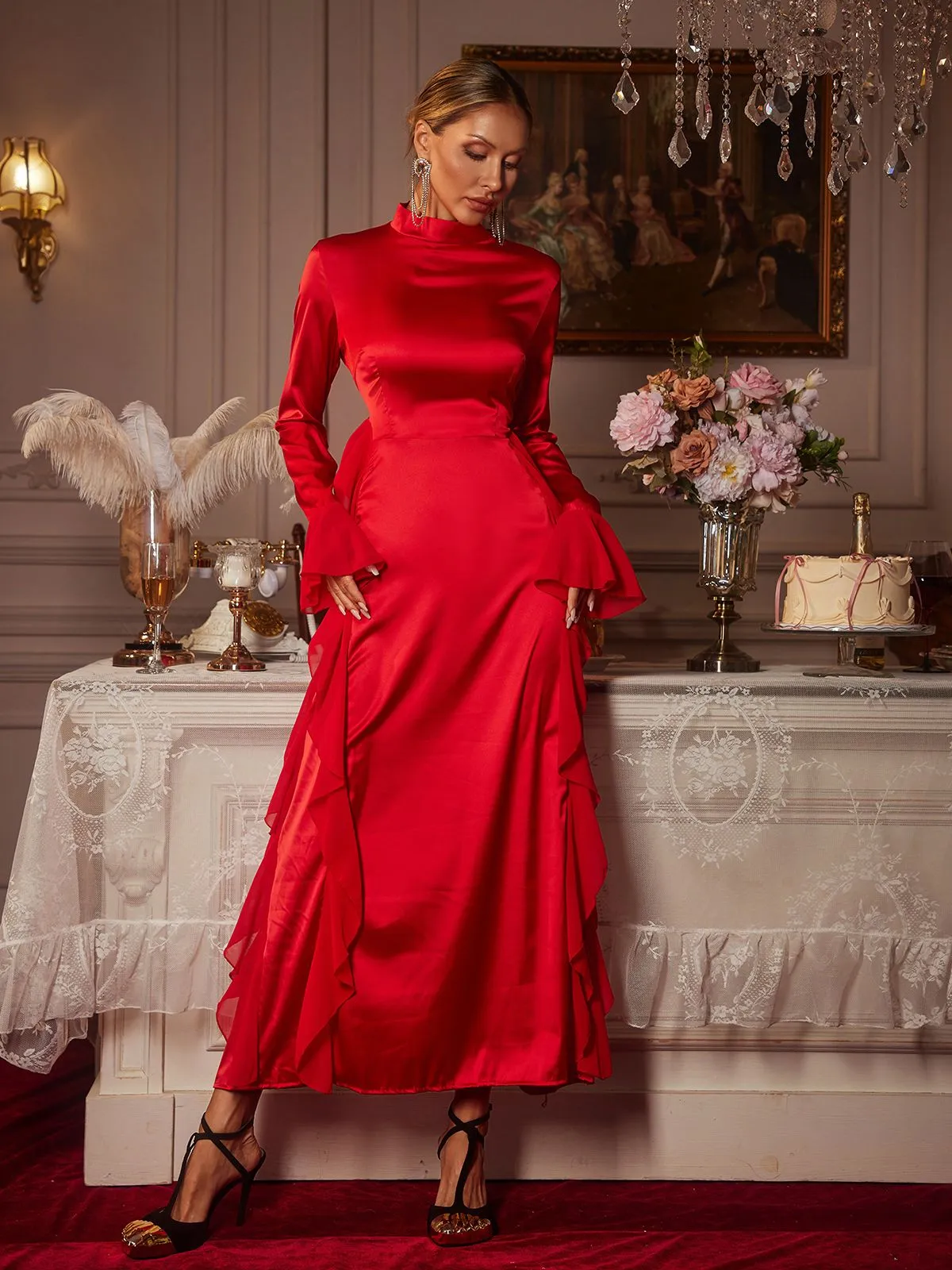 Elizabegh Long Sleeve Ruffle Satin Midi Dress sold by Mew Mews product image thumbnail 3
