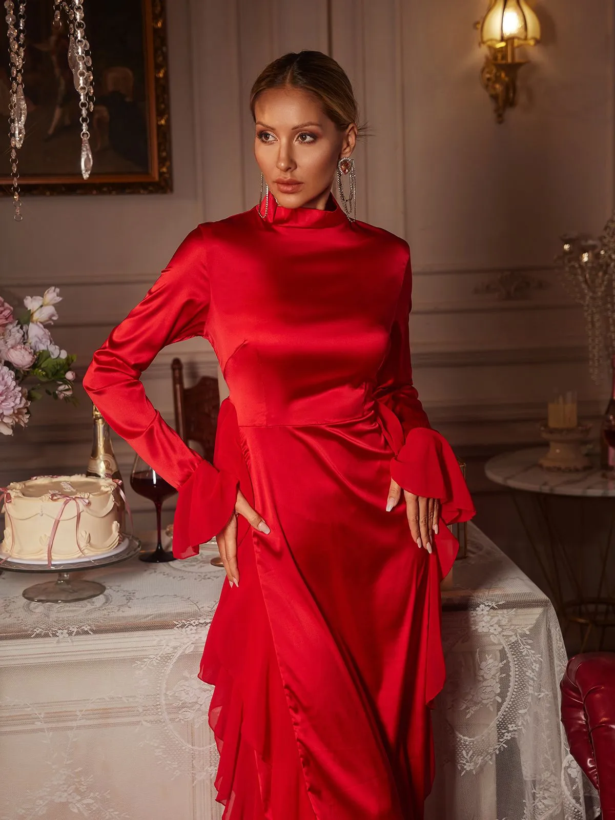 Elizabegh Long Sleeve Ruffle Satin Midi Dress sold by Mew Mews product image thumbnail 2