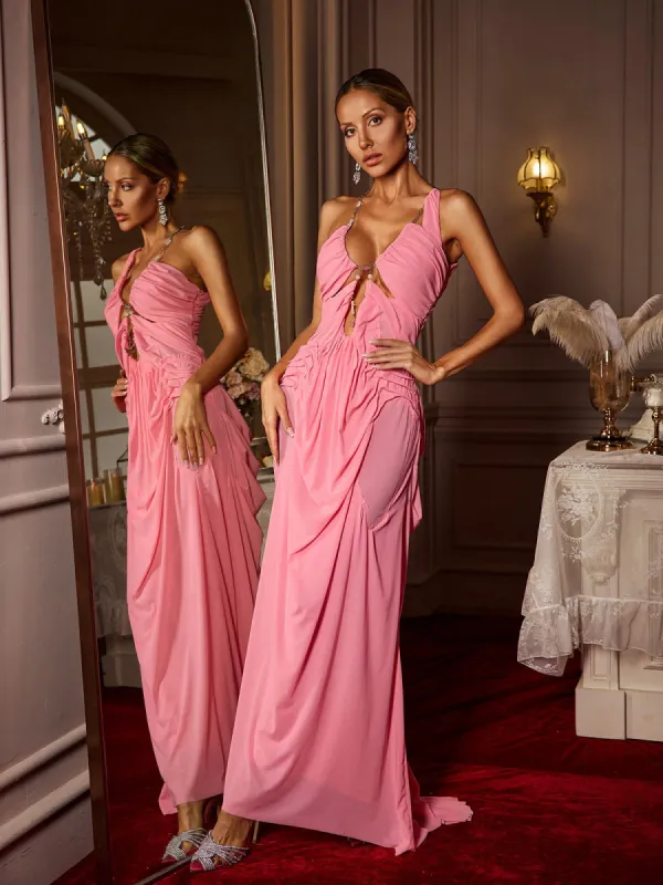 Daiki Halterneck Ruched Maxi Dress In Pink sold by Mew Mews