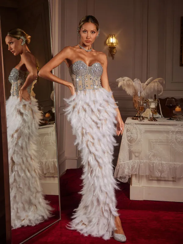 Vieby Strapless Rhinestone Feather Maxi Dress In White sold by Mew Mews