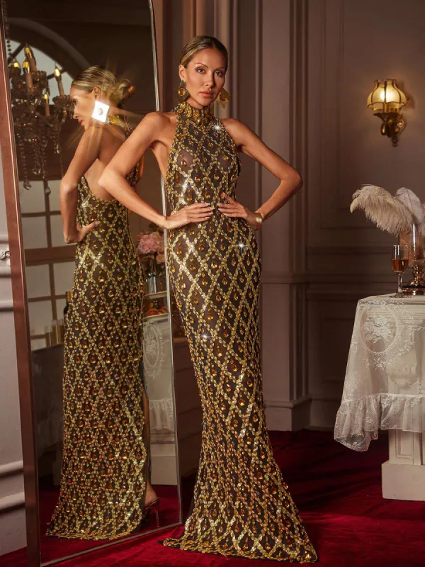 Liora Sequin Crystal Maxi Dress In Gold sold by Mew Mews