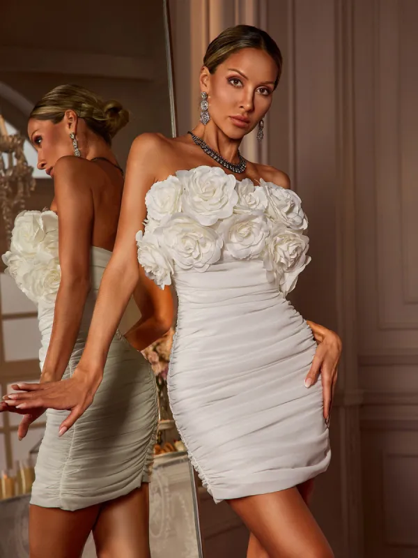 Bairbre Strapless Flower Ruched Mini Dress sold by Mew Mews