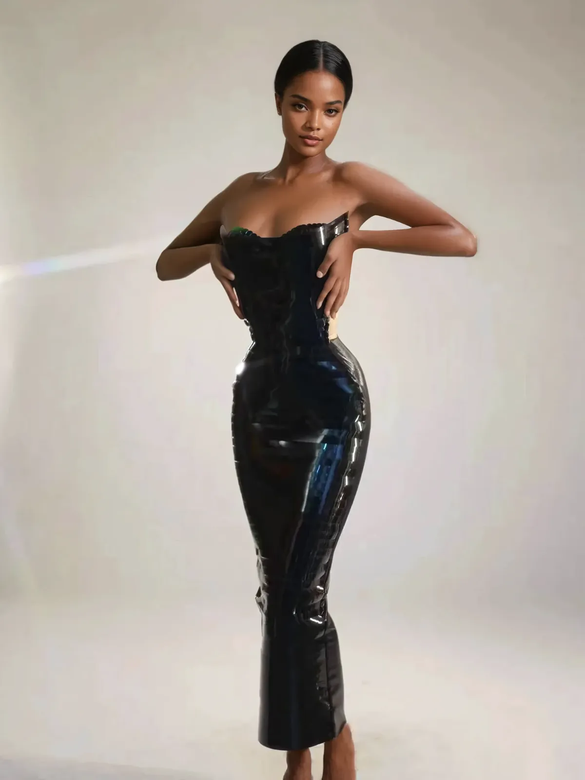 Eadward Strapless Metallic Midi Dress In Black sold by Mew Mews