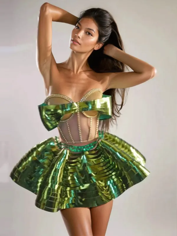 Kretska Crystal Metallic Skirt Set In Green sold by Mew Mews