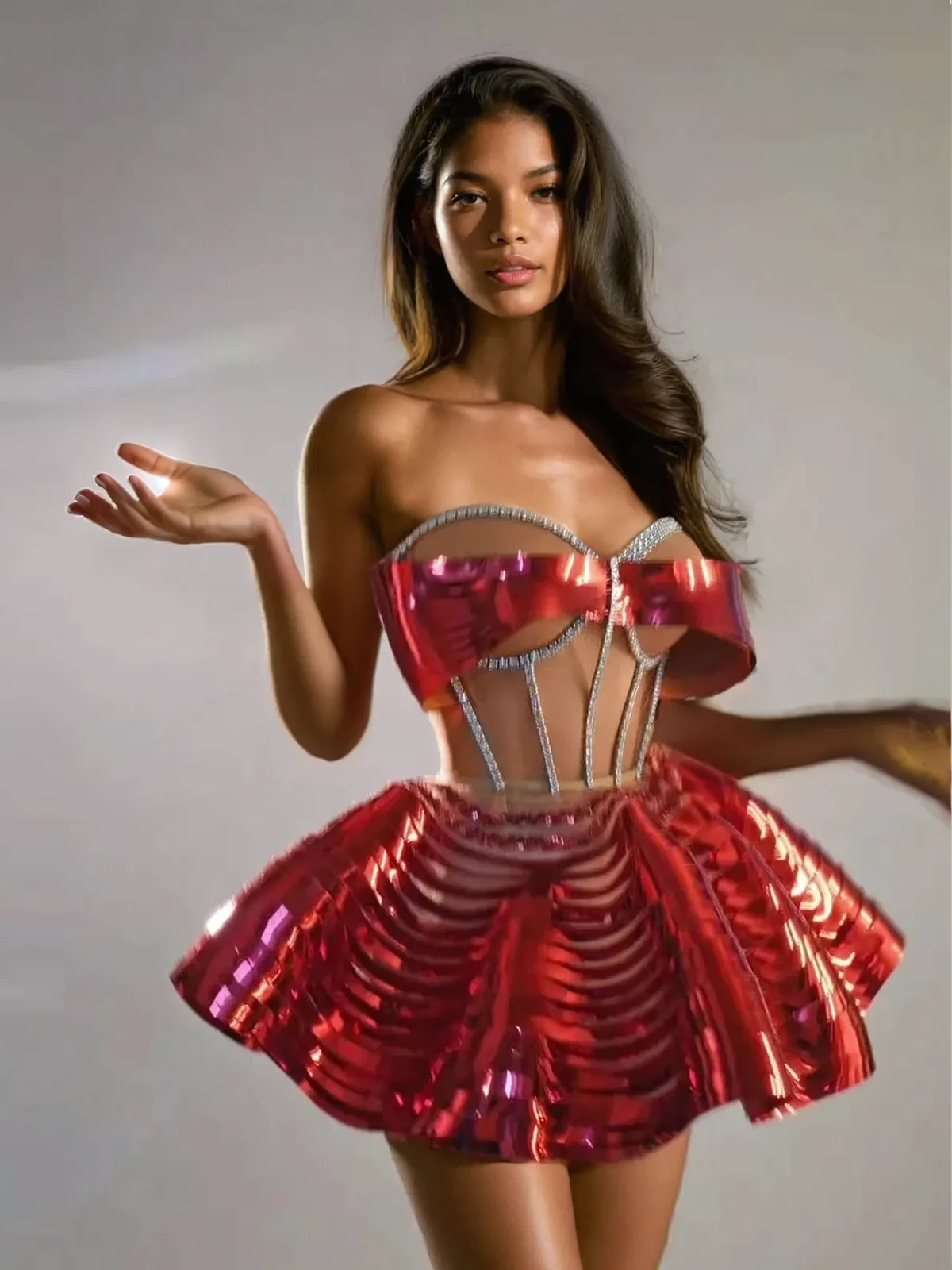 Kretska Crystal Metallic Skirt Set In Red sold by Mew Mews