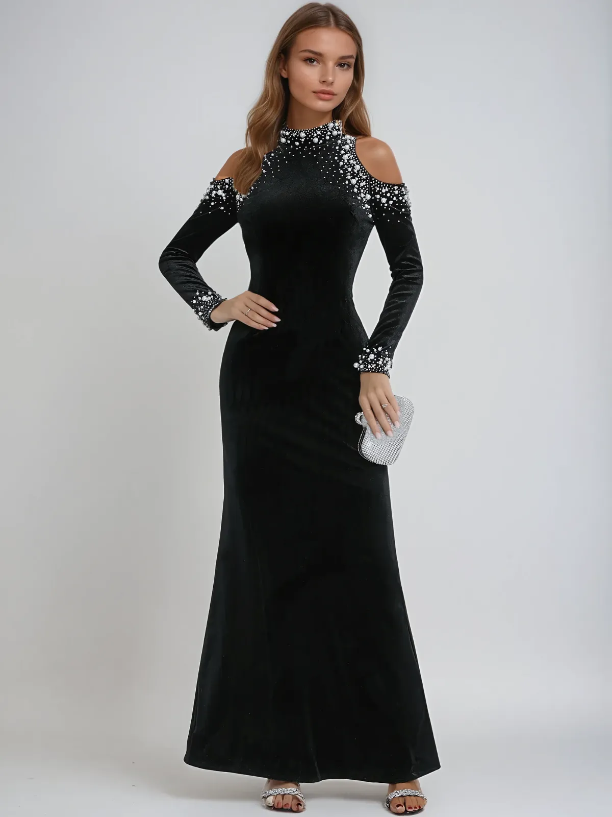 Aceso Long Sleeve Pearl Crystal Velvet Dress sold by Mew Mews product image thumbnail 5