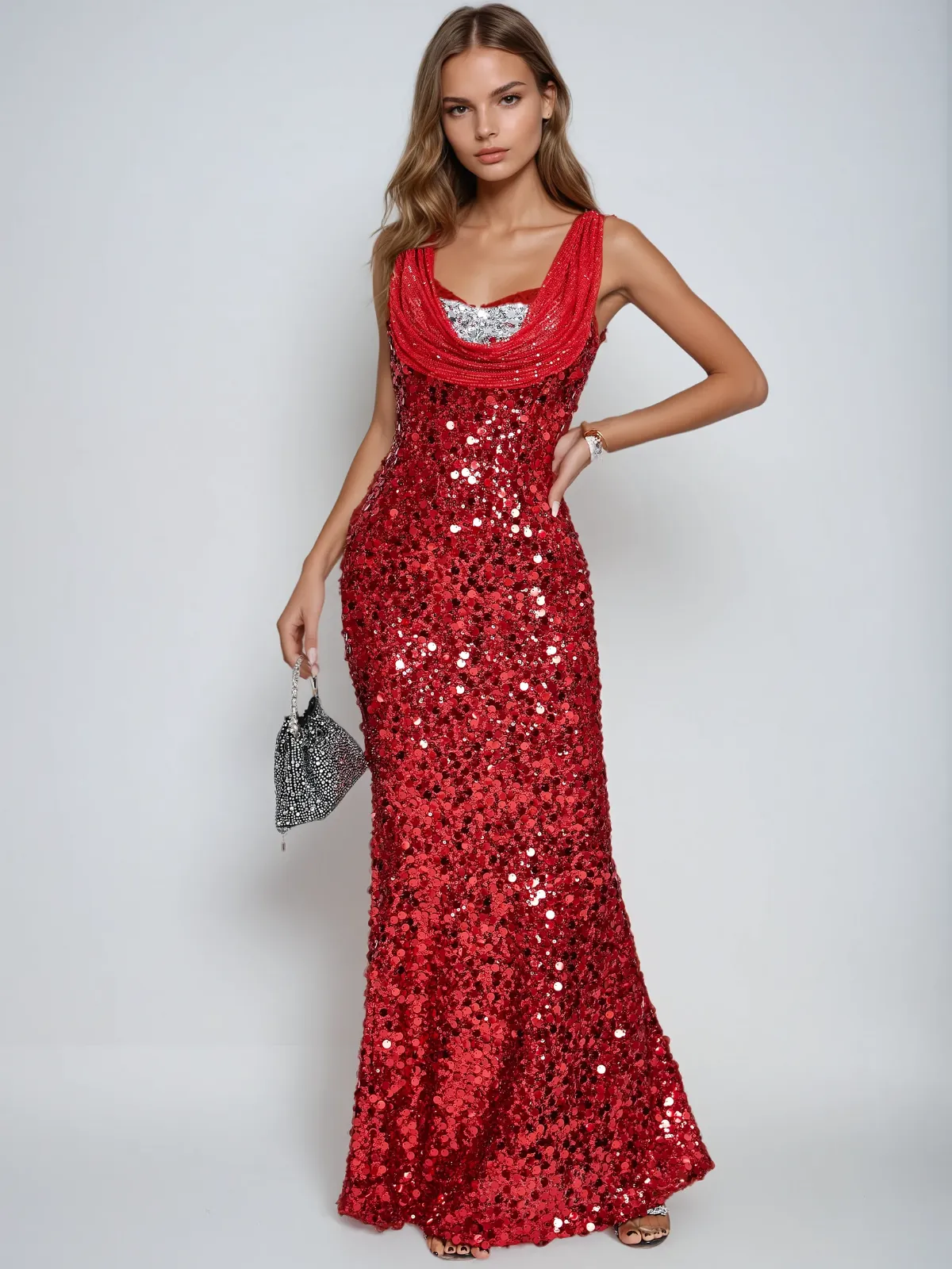 Adnan Plunge Neck Sequin Maxi Dress sold by Mew Mews