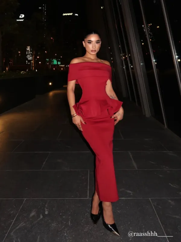 Augustus Off Shoulder Flounce Midi Dress sold by Mew Mews