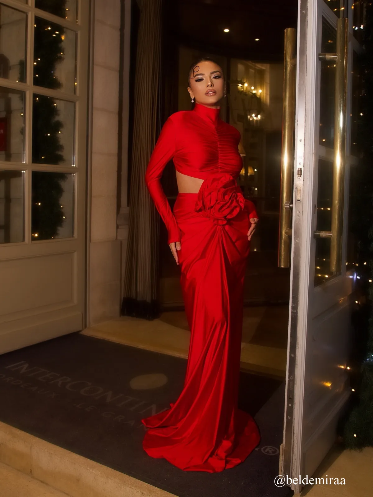 Renwick Long Sleeve Flower Cutout Maxi Dress In Red sold by Mew Mews