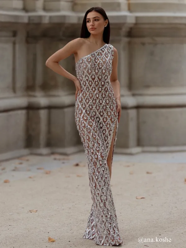 Liora One Shoulder Sequin Crystal Maxi Dress sold by Mew Mews