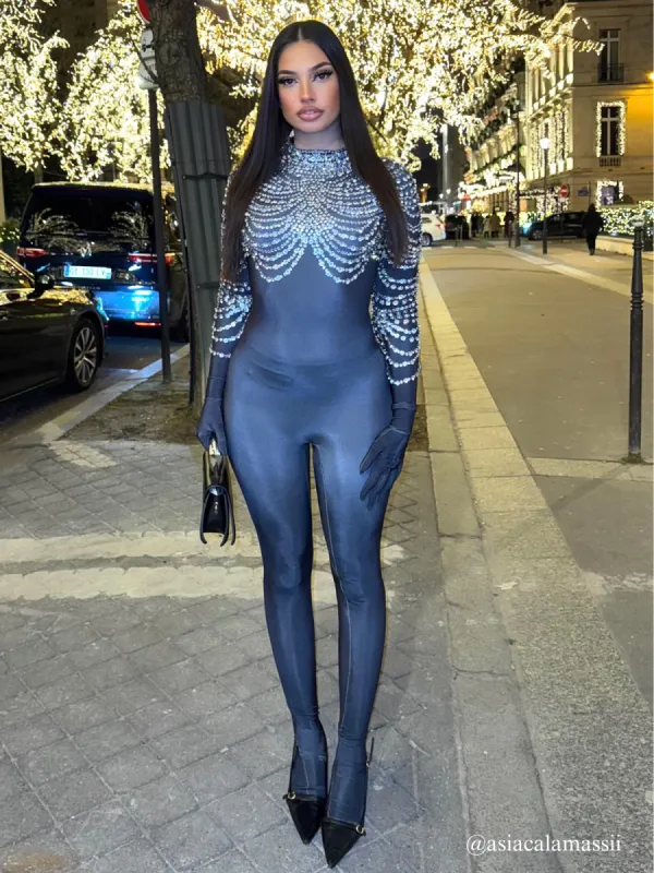 Bolboli Long Sleeve Rhinestone Jumpsuit sold by Mew Mews