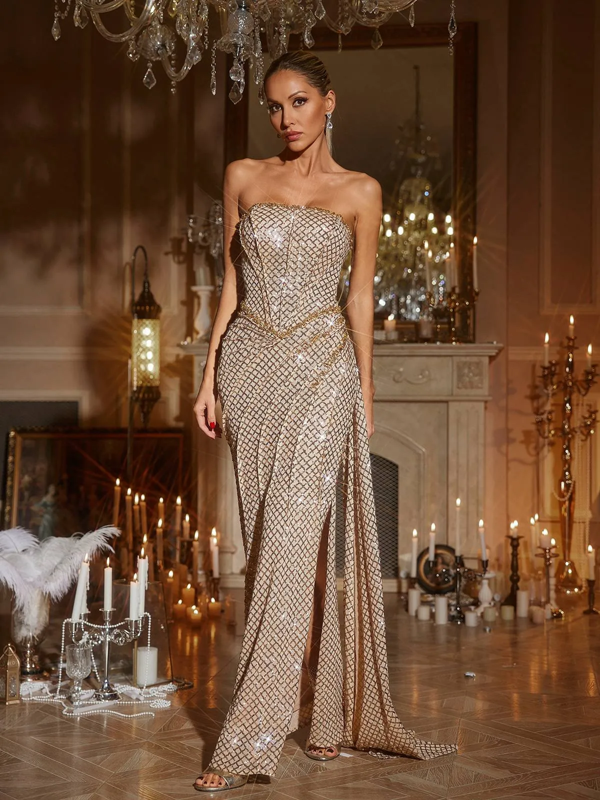 Glein Strapless Ruched Sequin Maxi Dress sold by Mew Mews product image thumbnail 2