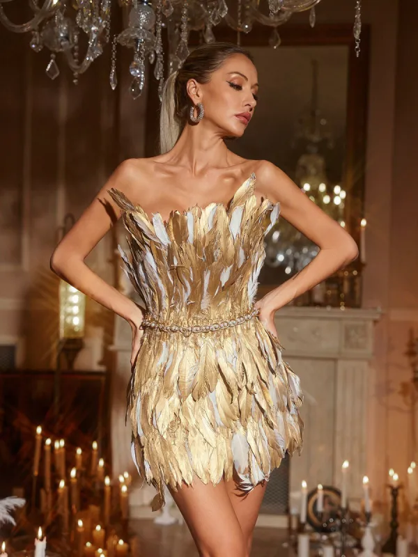 Hummer Strapless Feather Embellished Mini Dress made by Mew Mews