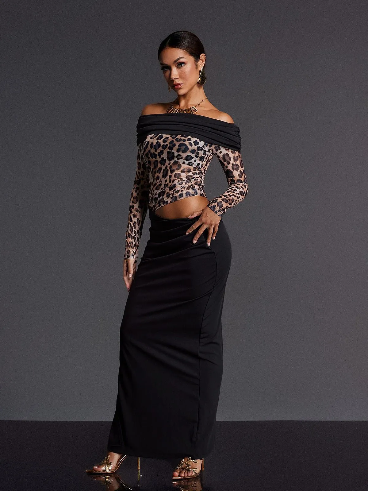 Enabarr Off Shoulder Leopard Ruched Maxi Dress sold by Mew Mews product image thumbnail 3