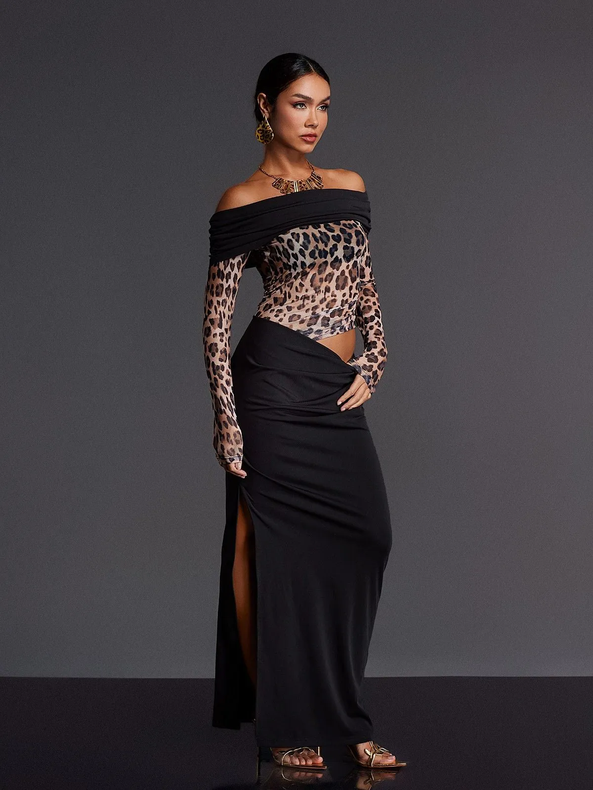 Enabarr Off Shoulder Leopard Ruched Maxi Dress sold by Mew Mews product image thumbnail 4