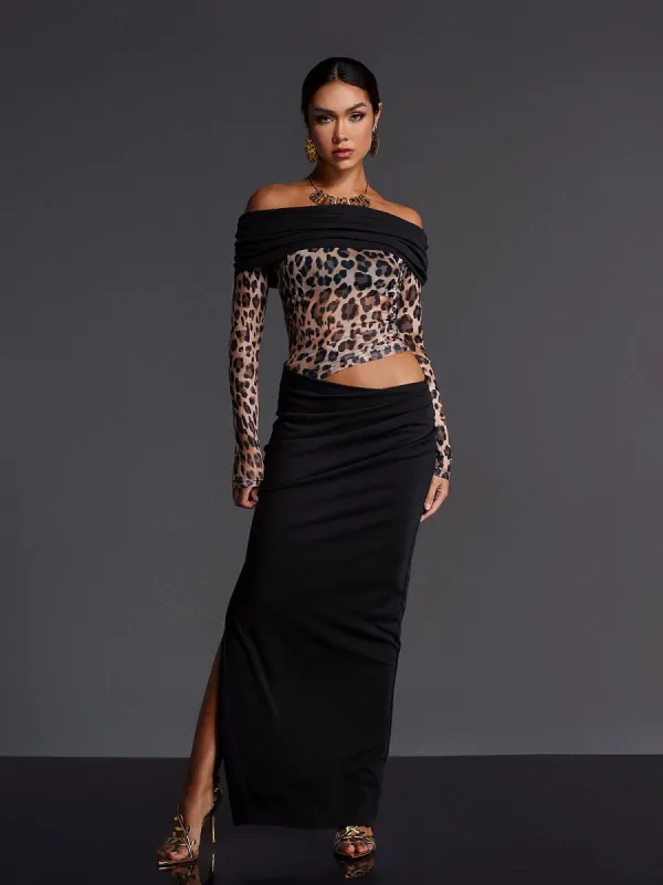 Enabarr Off Shoulder Leopard Ruched Maxi Dress made by Mew Mews