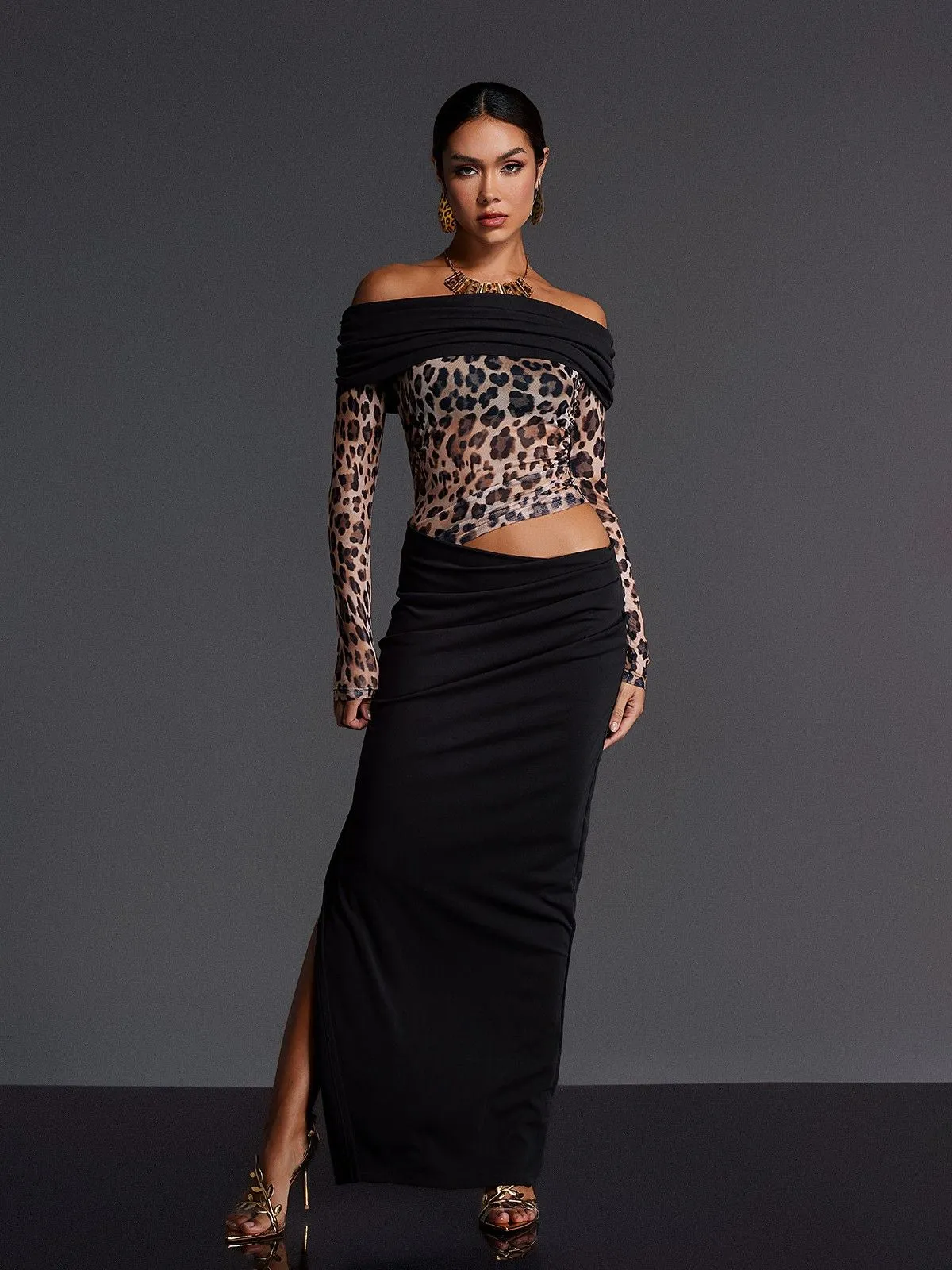 Enabarr Off Shoulder Leopard Ruched Maxi Dress sold by Mew Mews