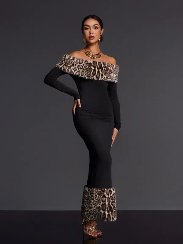Emms Off Shoulder Leopard Maxi Dress made by Mew Mews